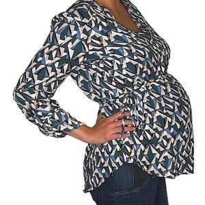 Geometric Pattern V-Neck Maternity Blouse with tie
